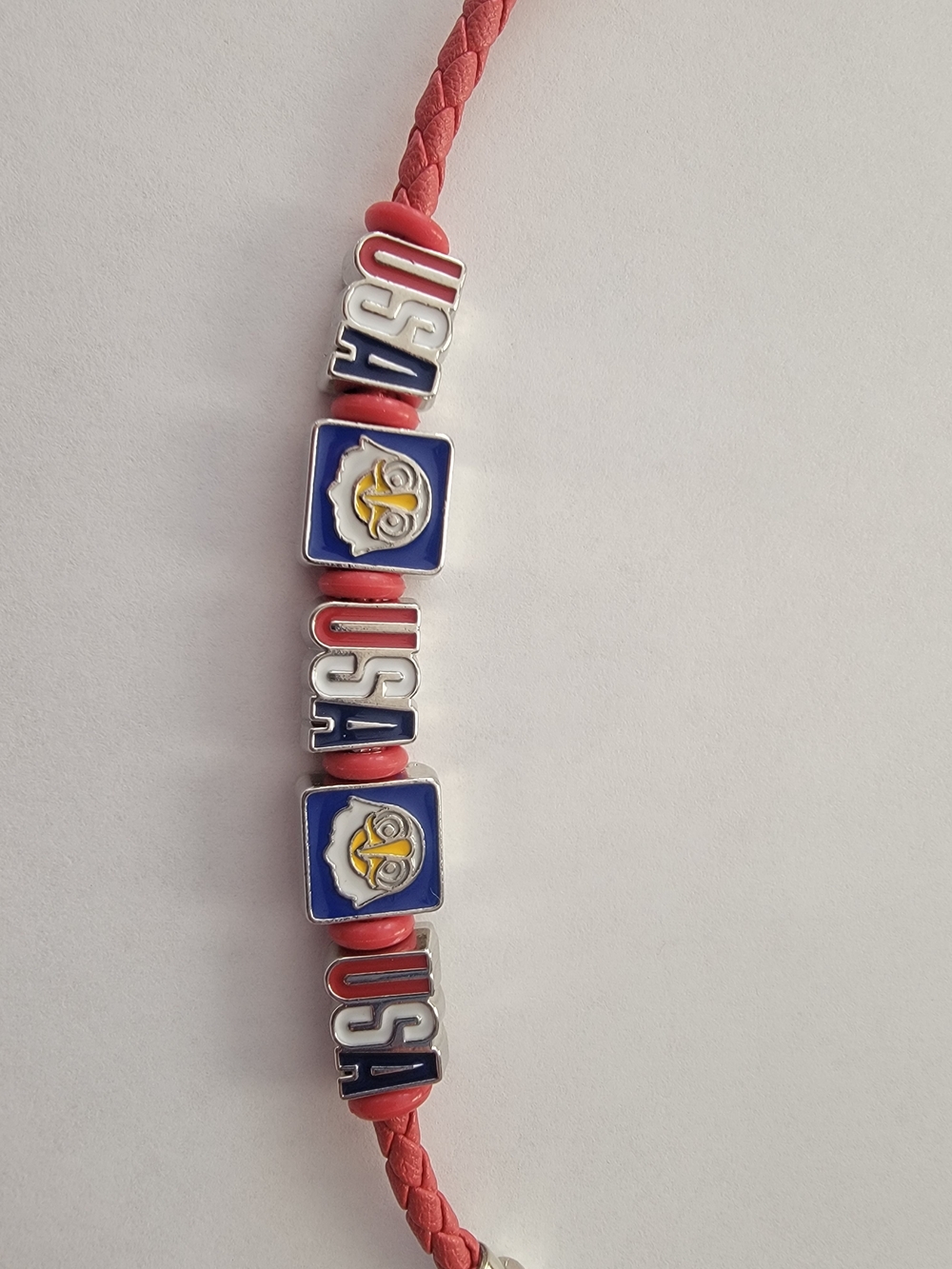 USA Themed Braided Red Bracelet with Blue Enamel Charms